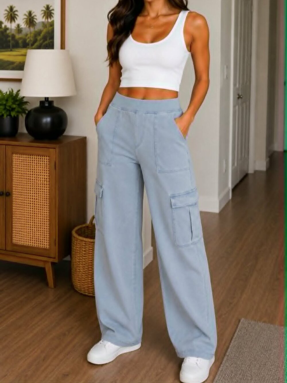 Halara Light Wash Cargo Jeans Women’s Medium Tall Lightweight Wide Leg Denim Pan